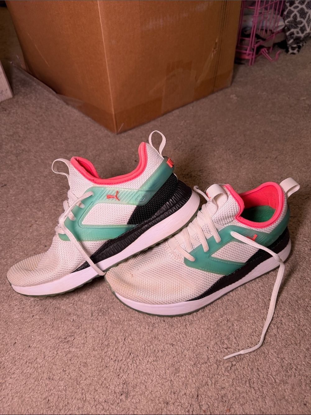 Puma Women's White Sneakers with Mint and Pink Accents